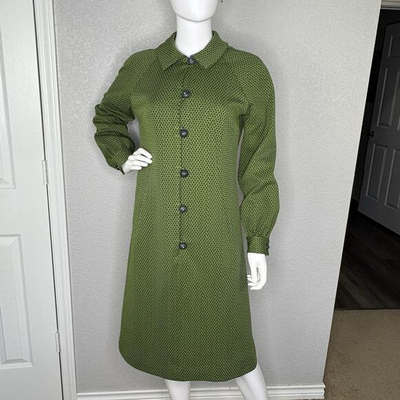 Vtg 70s Midi Dress Mod Double Knit Polyester Olive Green Size M Twee Grannycore - Picture 2 of 6